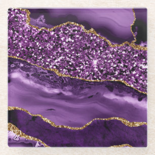 Elegant Purple and Gold Glitter Ocean Agate Glass Coaster