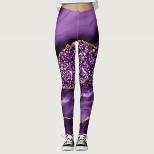 Elegant Purple and Gold Glitter Ocean Agate Leggings