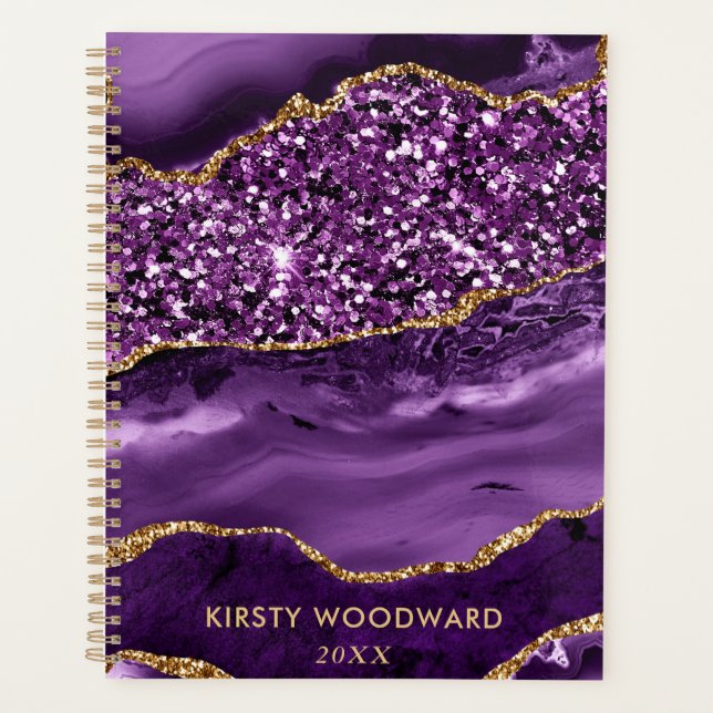 Elegant Purple and Gold Glitter Ocean Agate Planner (Front)