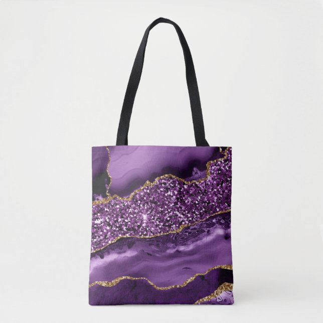 Elegant Purple and Gold Glitter Ocean Agate Tote Bag (Front)