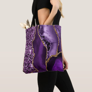 Elegant Purple and Gold Glitter Ocean Agate Tote Bag