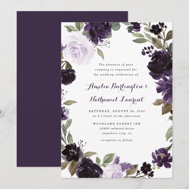 Elegant Purple and Gold Green Leaf Floral Wedding Invitation (Front/Back)