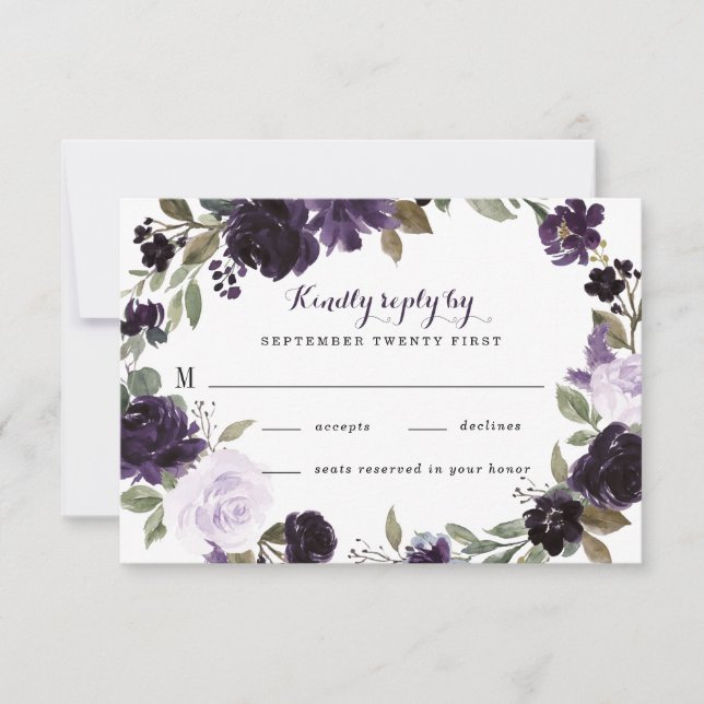 Elegant Purple and Gold Green Leaf Floral Wedding RSVP Card (Front)