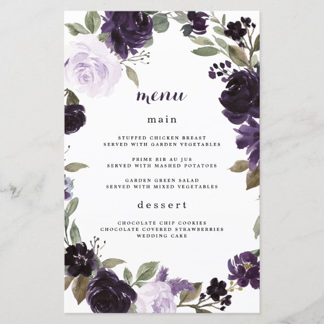 Elegant Purple and Gold Green Wedding Menu Cards (Front)