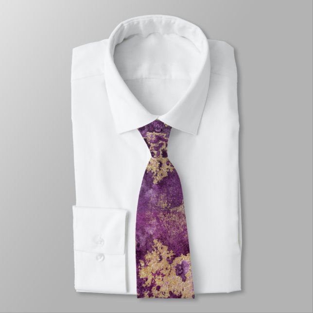Elegant Purple And Gold Ink Special Occasion Men's Tie (Tied)