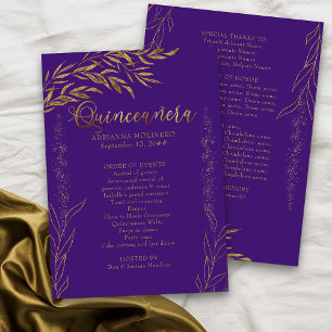 Elegant Purple and Gold Leaf Quinceanera Programme