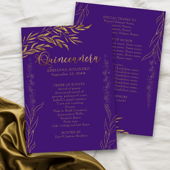 Elegant Purple and Gold Leaf Quinceanera Programme (Purple Program from my Gold Leaf Quinceanera Collection)
