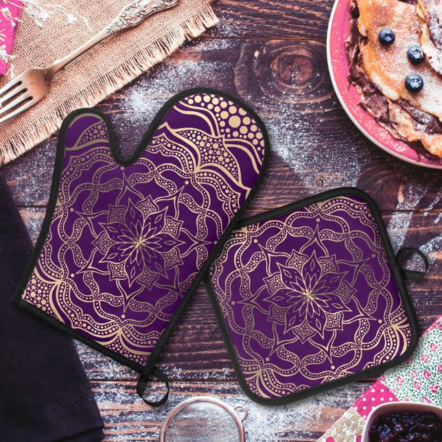   Elegant Purple And Gold Mandala Dark Boho Floral Oven Mitt & Pot Holder Set (Creator Uploaded)