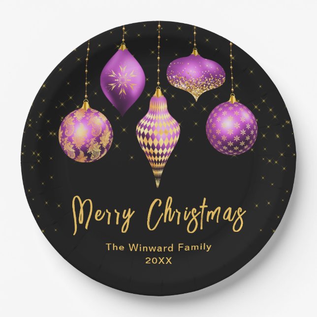 Elegant Purple and Gold Ornament Christmas Paper Plate (Front)