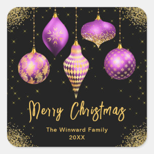 Elegant Purple and Gold Ornament Christmas Square Sticker