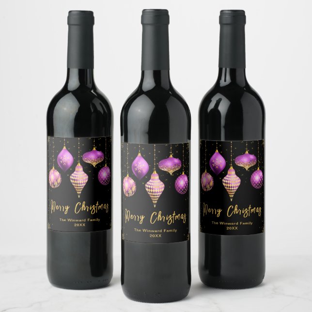 Elegant Purple and Gold Ornament Christmas Wine Label (Bottles)