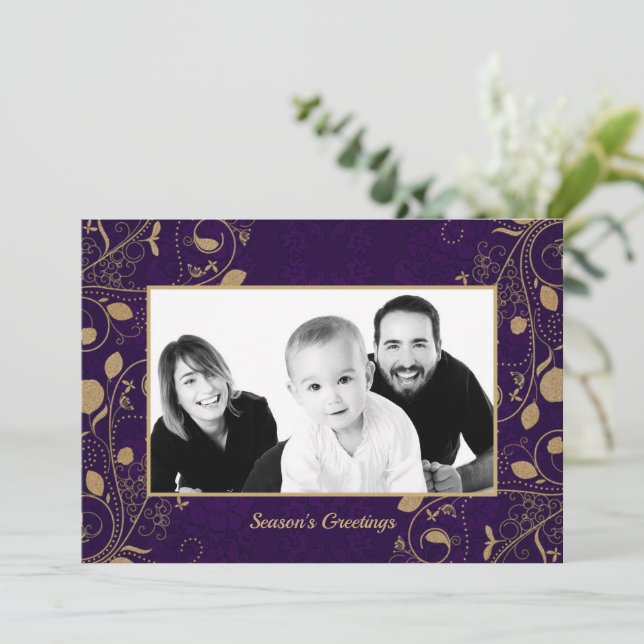 Elegant Purple and Gold Photo Holiday Card (Standing Front)