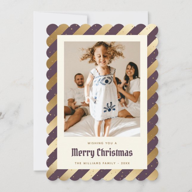 Elegant Purple and Gold Photo Merry Christmas Holiday Card (Front)
