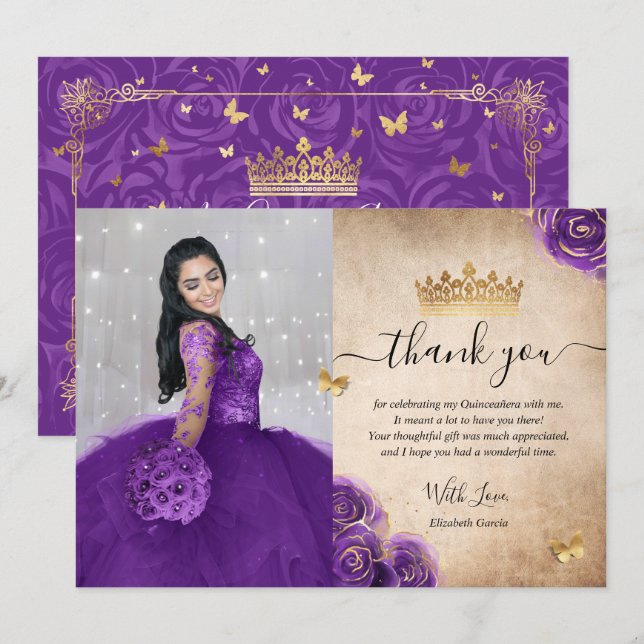 Elegant Purple and Gold Quinceañera Photo Birthday Thank You Card (Front/Back)