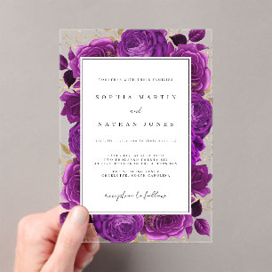 Elegant Purple And Gold Rose Clear Wedding Acrylic Invitations