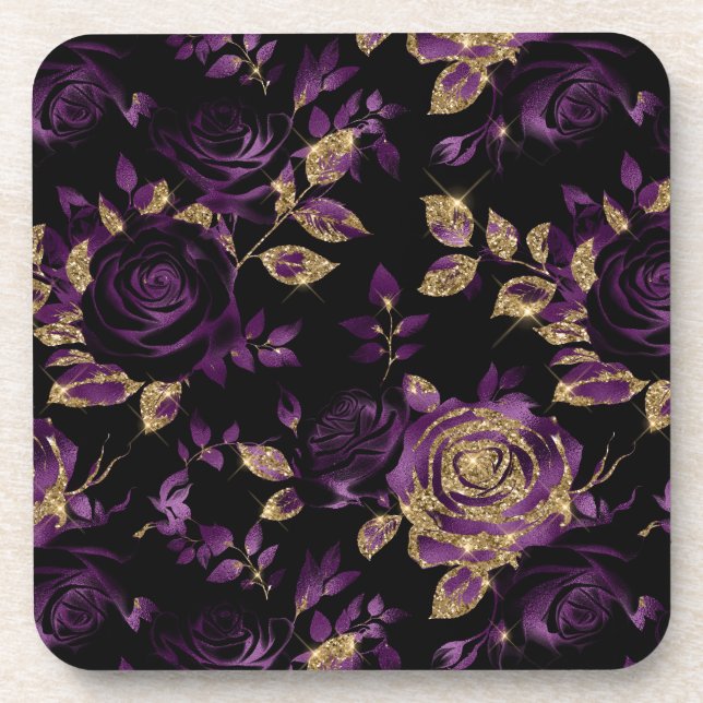 Elegant Purple and Gold Rose Floral Pattern Coaster (Front)