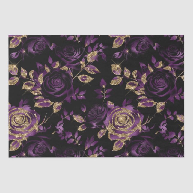 Elegant Purple and Gold Rose Floral Pattern Tissue Paper (Front)