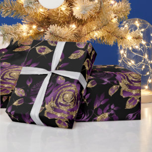 Elegant Purple and Gold Rose Floral Pattern Wrapping Paper
