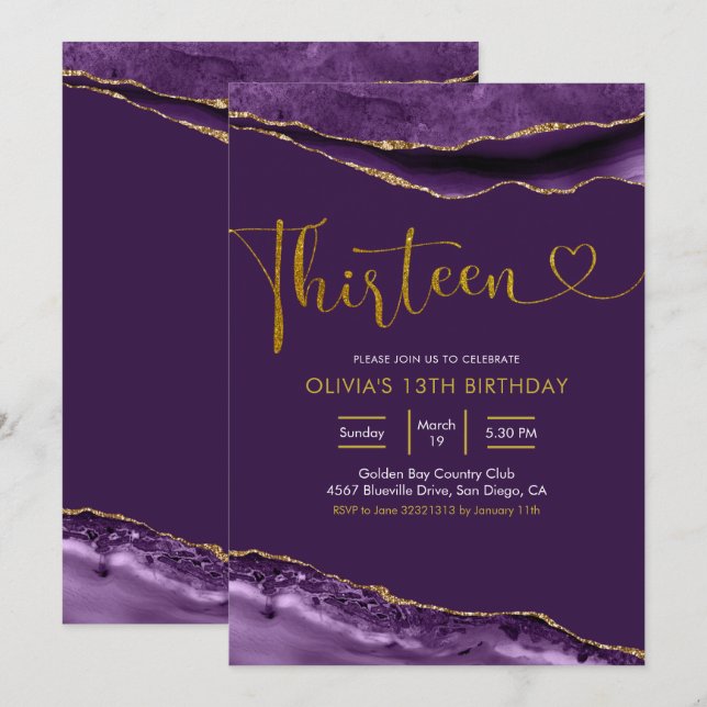 Elegant Purple and Gold Thirteen Invitation (Front/Back)