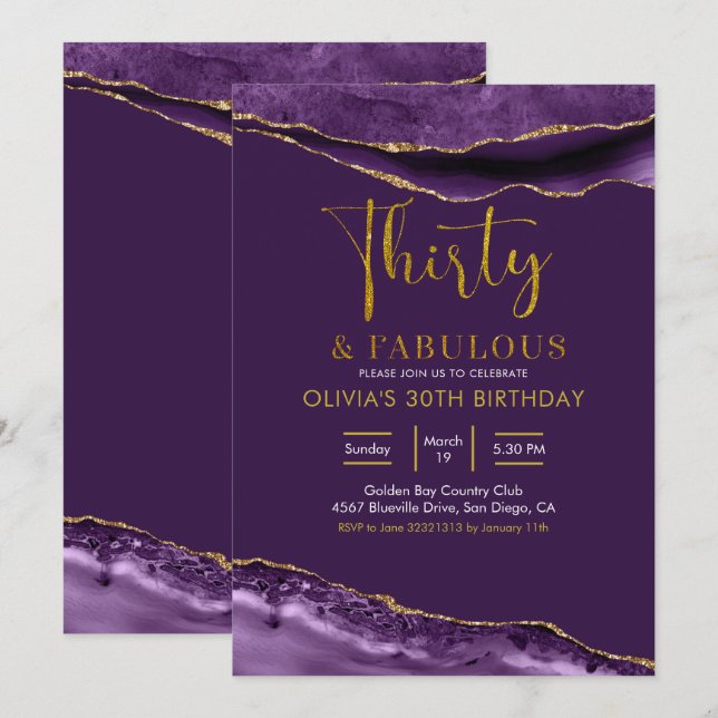 Elegant Purple and Gold Thirty and Fabulous Invitation (Front/Back)