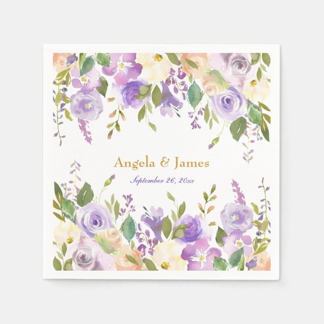 Elegant Purple and Gold Watercolor Floral Wedding Napkin (Front)