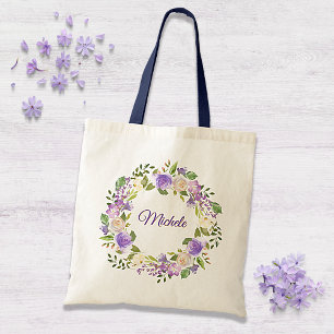 Elegant Purple and Gold Watercolor Floral Wedding Tote Bag