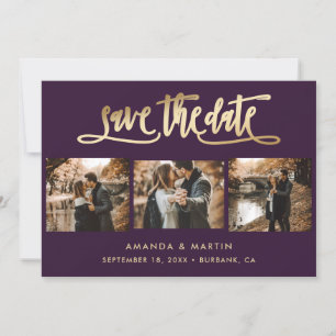 Elegant Purple and Gold Wedding 3 Photo Save The Date