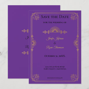 Elegant purple and gold wedding save the date announcement