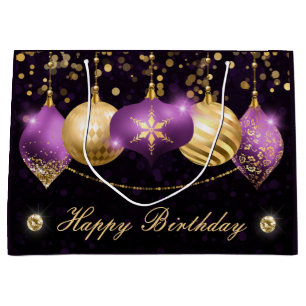 Elegant Purple and Gold Winter Baubles Birthday Large Gift Bag