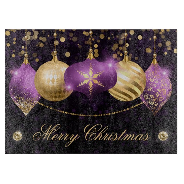 Elegant Purple and Gold Winter Baubles Christmas Cutting Board (Front)