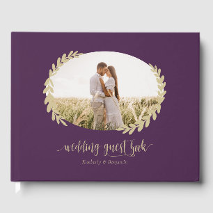 Elegant Purple and Gold Wreath Wedding Photo Guest Book