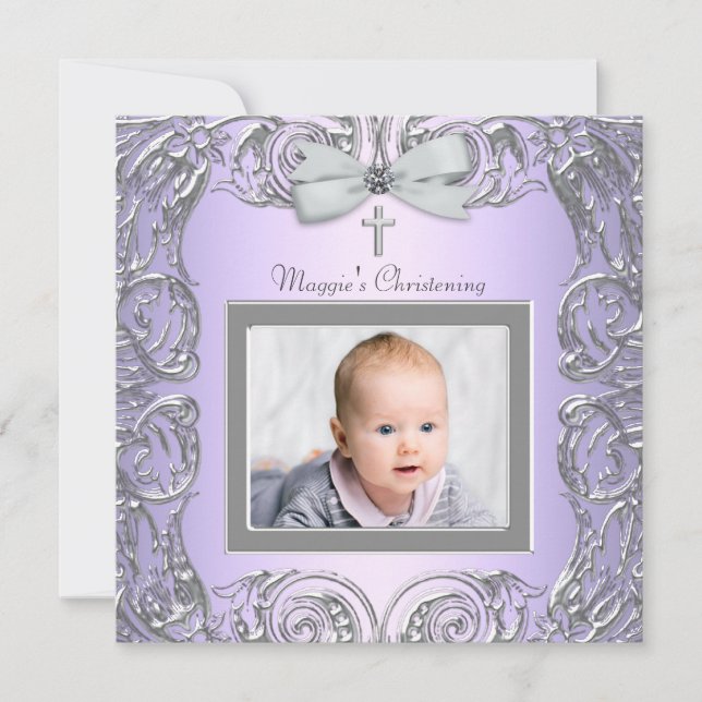 Elegant Purple and Grey Christening Invitations (Front)