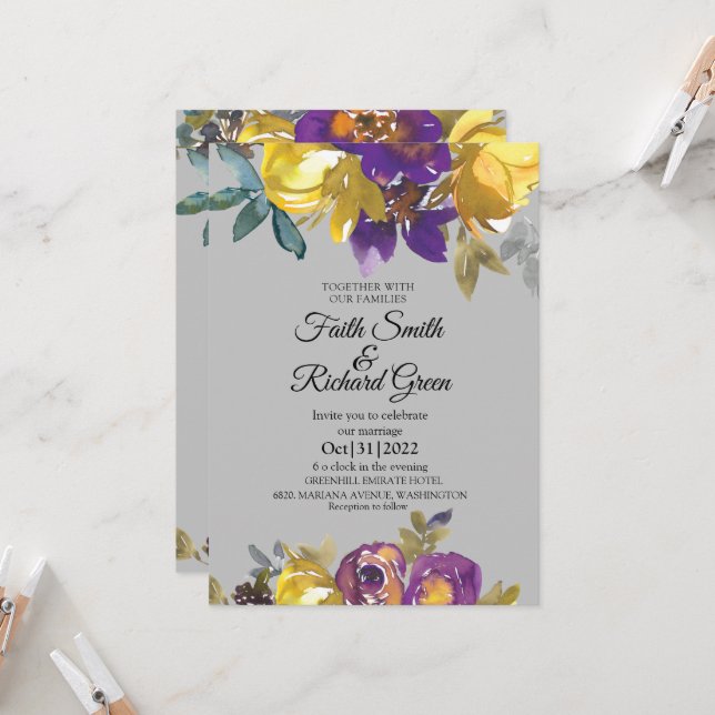 Elegant Purple and Grey Fall Wedding Invitations (Front/Back In Situ)