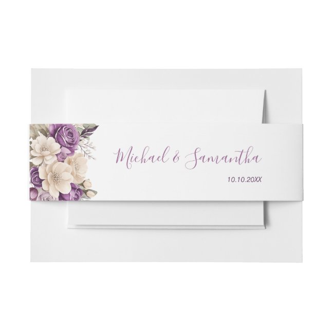 Elegant Purple and Ivory Rose Wedding Invitation Belly Band (Front Example)