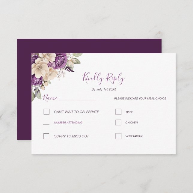 Elegant Purple and Ivory Rose Wedding RSVP Card (Front/Back)