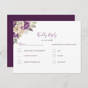 Elegant Purple and Ivory Rose Wedding RSVP Card