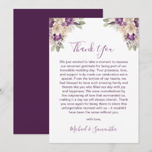 Elegant Purple and Ivory Rose Wedding Thank You Card