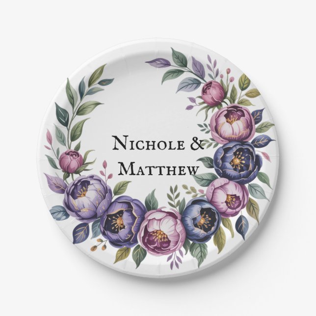 Elegant Purple and Magenta Peony Bouquet Wedding Paper Plate (Front)