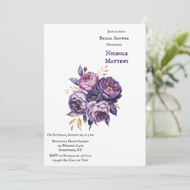 Elegant Purple and Magenta Peony Bridal Shower Invitation (Standing Front)