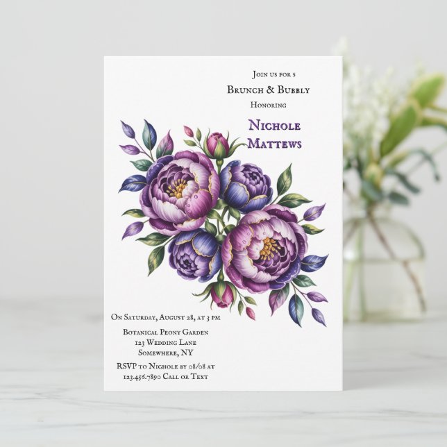 Elegant Purple and Magenta Peony Brunch and Bubbly Invitation (Standing Front)