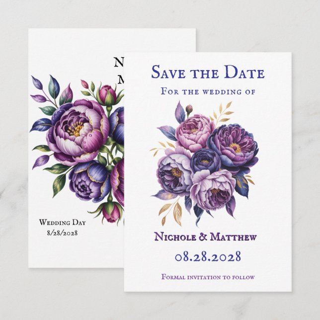 Elegant Purple and Magenta Peony Wedding  Save The Date (Front/Back)