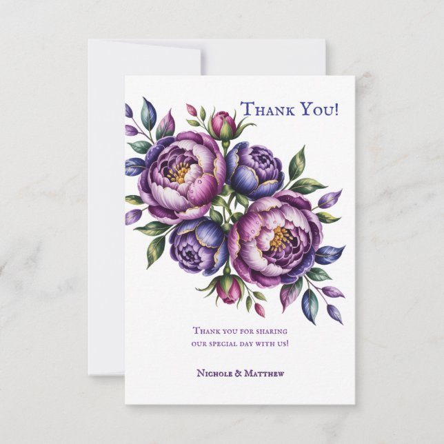 Elegant Purple and Magenta Peony Wedding  Thank You Card (Front)