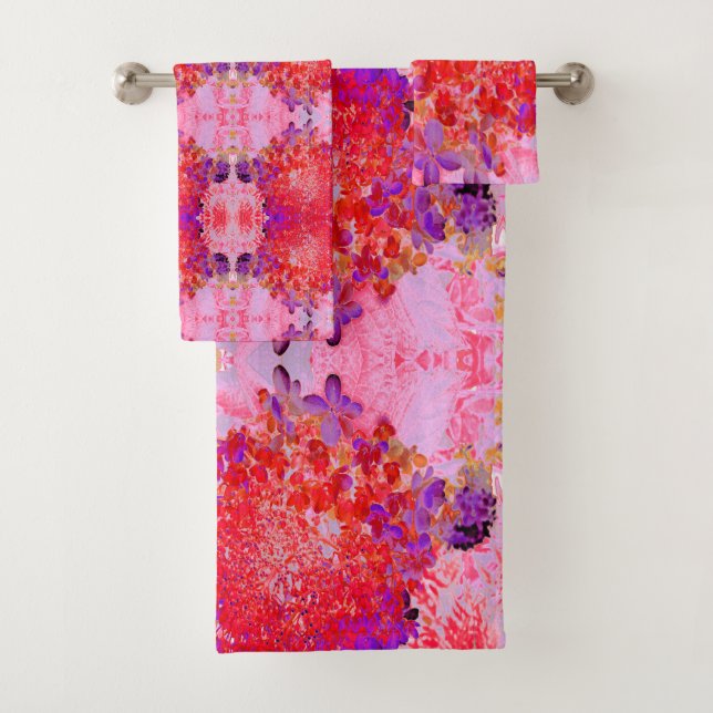 Elegant Purple and Orange Limelight Hydrangea Bath Towel Set (Insitu)