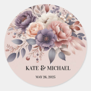 Elegant Purple and Peach Blush Floral Wedding Classic Round Sticker