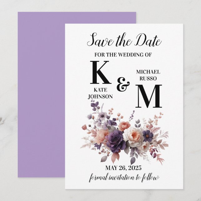 Elegant Purple and Peach Blush Floral Wedding Save The Date (Front/Back)