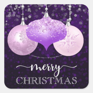 Elegant Purple and Pink Baubles Merry Christmas Square Sticker