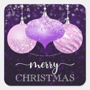 Elegant Purple and Pink Baubles Merry Christmas Square Sticker