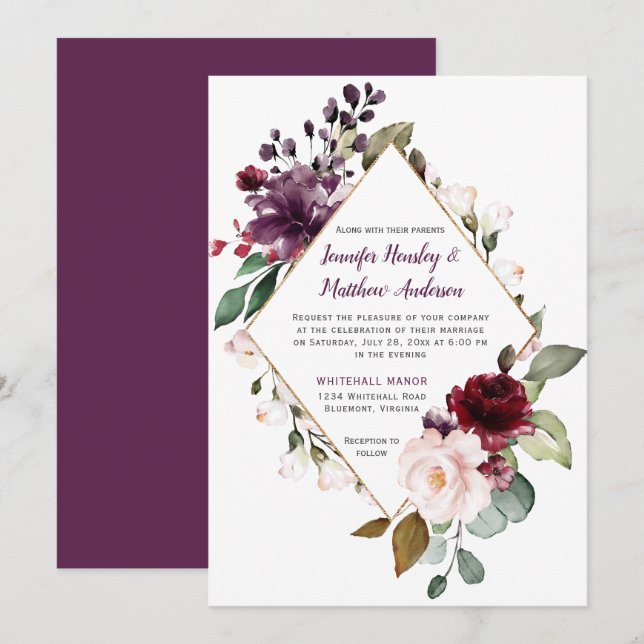 Elegant Purple and Red Floral Framed Wedding Invitation (Front/Back)