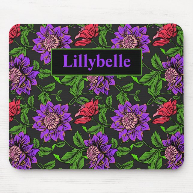 Elegant Purple And Red Flower Black Background Mou Mouse Mat (Front)