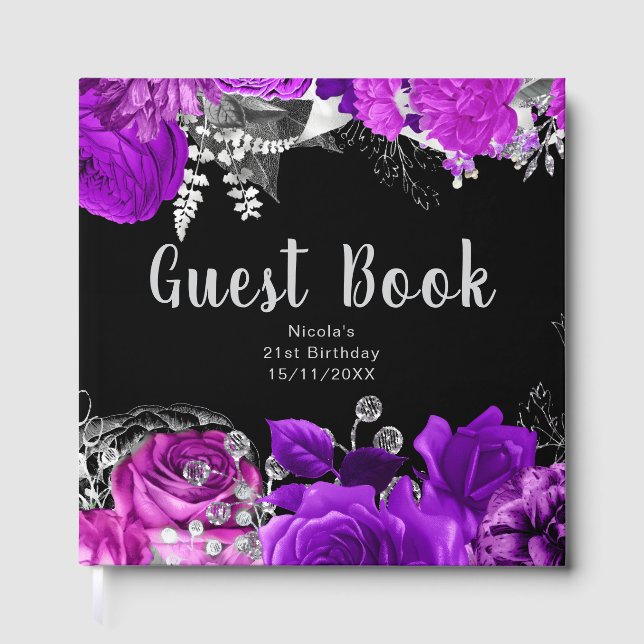 Elegant Purple and Silver Flowers Birthday Party Guest Book (Front)
